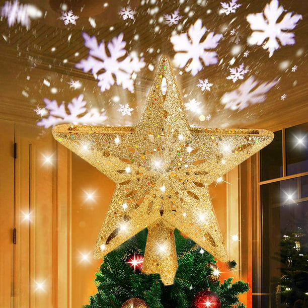 Christmas Gold Star Tree Topper with Lights Tree Topper Lighted Built-in LED Projector Lights of Rotating 3D Glitter Star for Xmas New Year Holiday Party Indoor Outdoor Tree Decorations 